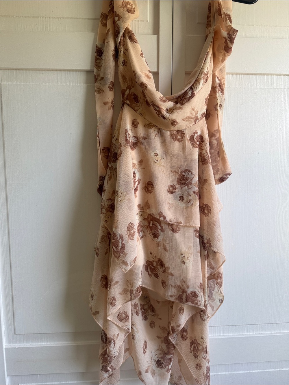 Floral High-Low Tie-Back Dress in Beige and Brown